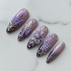 Close-up purple lavender 3D floral silver filigree press-on nails glossy texture white marble custom press-on nails — LuxepressCo
