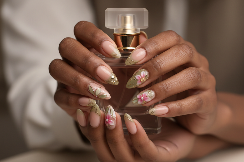 Dark-skin hands wearing sage green gold botanical pink chiffon flower custom press-on nails holding perfume — LuxepressCo