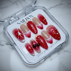 Full set 10 dark cherry blood orange deep red 3D cherry citrus custom press-on nails on marble — LuxepressCo