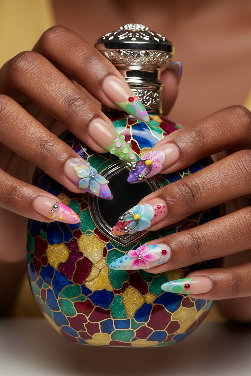 Dark-skin hands holding colorful perfume wearing nude watercolor bubble 3D floral reusable press-on nails — LuxepressCo