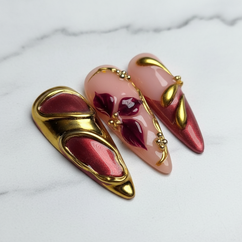 Close-up nude pink base 3D floral petal gold accent custom press-on nails marble background — LuxepressCo