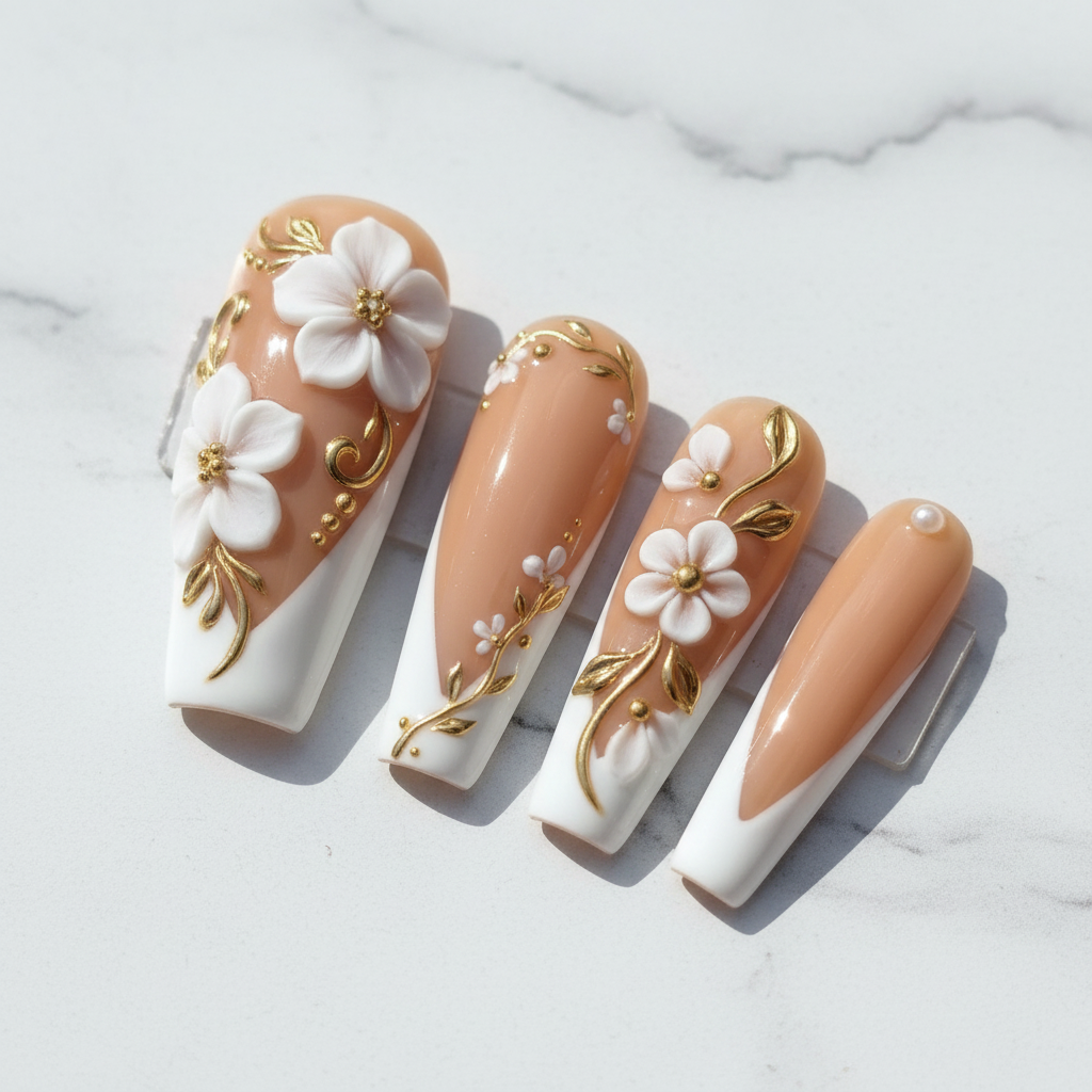 Macro close-up nude coffin white french tip 3D floral gold vine reusable nails glossy texture — LuxepressCo