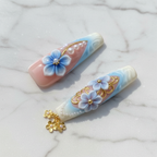 Close-up blue lavender 3D floral gold filigree pearl custom press-on nails texture gloss — LuxepressCo
