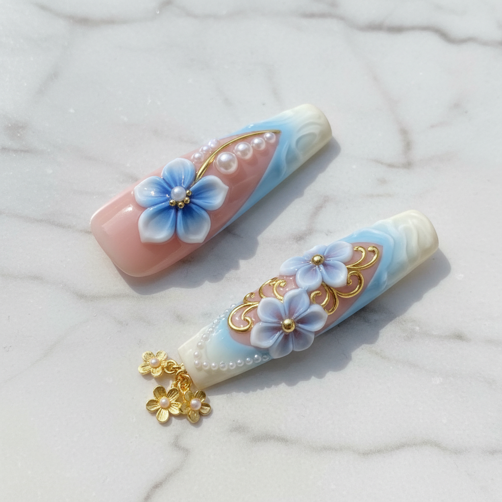 Close-up blue lavender 3D floral gold filigree pearl custom press-on nails texture gloss — LuxepressCo