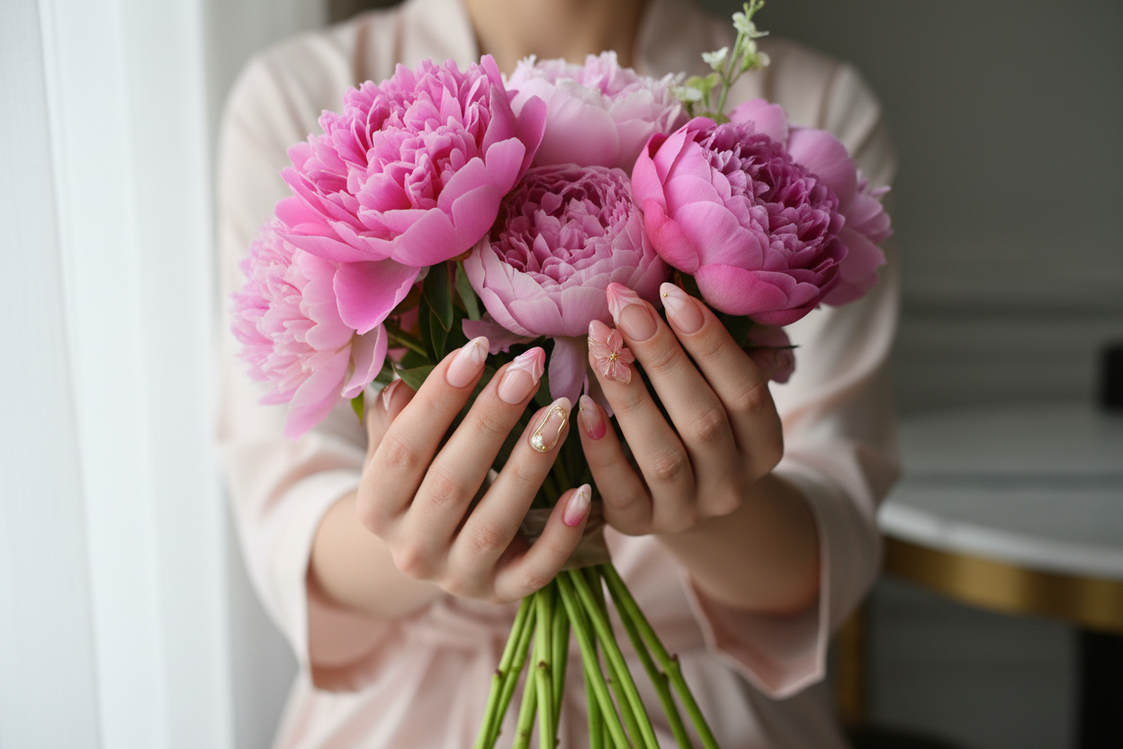 Fair-skin hands wearing pink ombre chiffon flower gold oval frame pearl custom press-on nails holding pink peonies — LuxepressCo