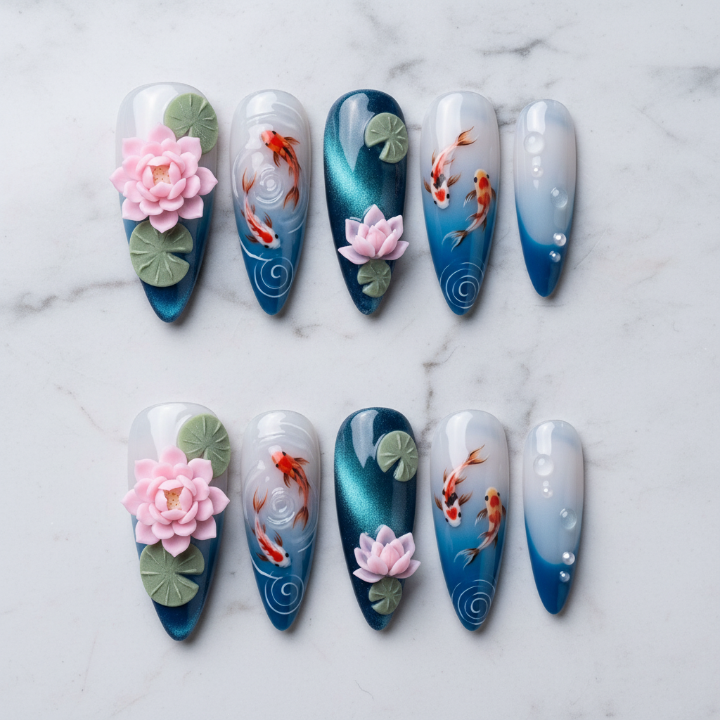 Full set 10 koi fish lotus 3D custom press-on nails blue water almond shape studio hero shot — LuxepressCo