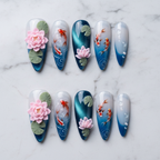 Full set 10 koi fish lotus 3D custom press-on nails blue water almond shape studio hero shot — LuxepressCo