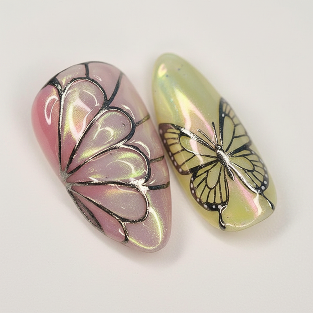 Macro close-up aurora iridescent lotus and butterfly salon-quality press-on nails pink purple green — LuxepressCo