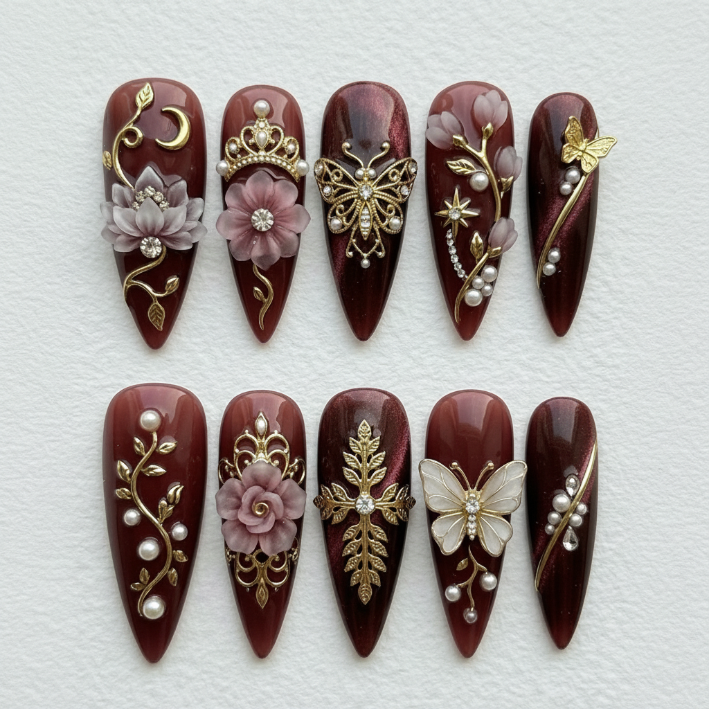 Flat lay top-down full set 10 burgundy royal charm gold crown butterfly filigree pearl rhinestone stiletto press-on nails studio light — LuxepressCo