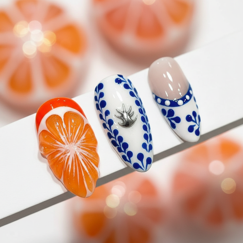Macro close-up 3D sculpted hibiscus flower navy Talavera folk art silver deer charm salon-quality press-on nails — LuxepressCo