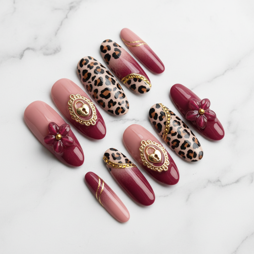 Full set 10 mauve leopard print 3D floral gold heart lock almond custom press-on nails on marble — LuxepressCo