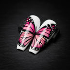 Close-up macro hand-painted monarch butterfly wing black pink gradient coffin custom press-on nails dramatic — LuxepressCo