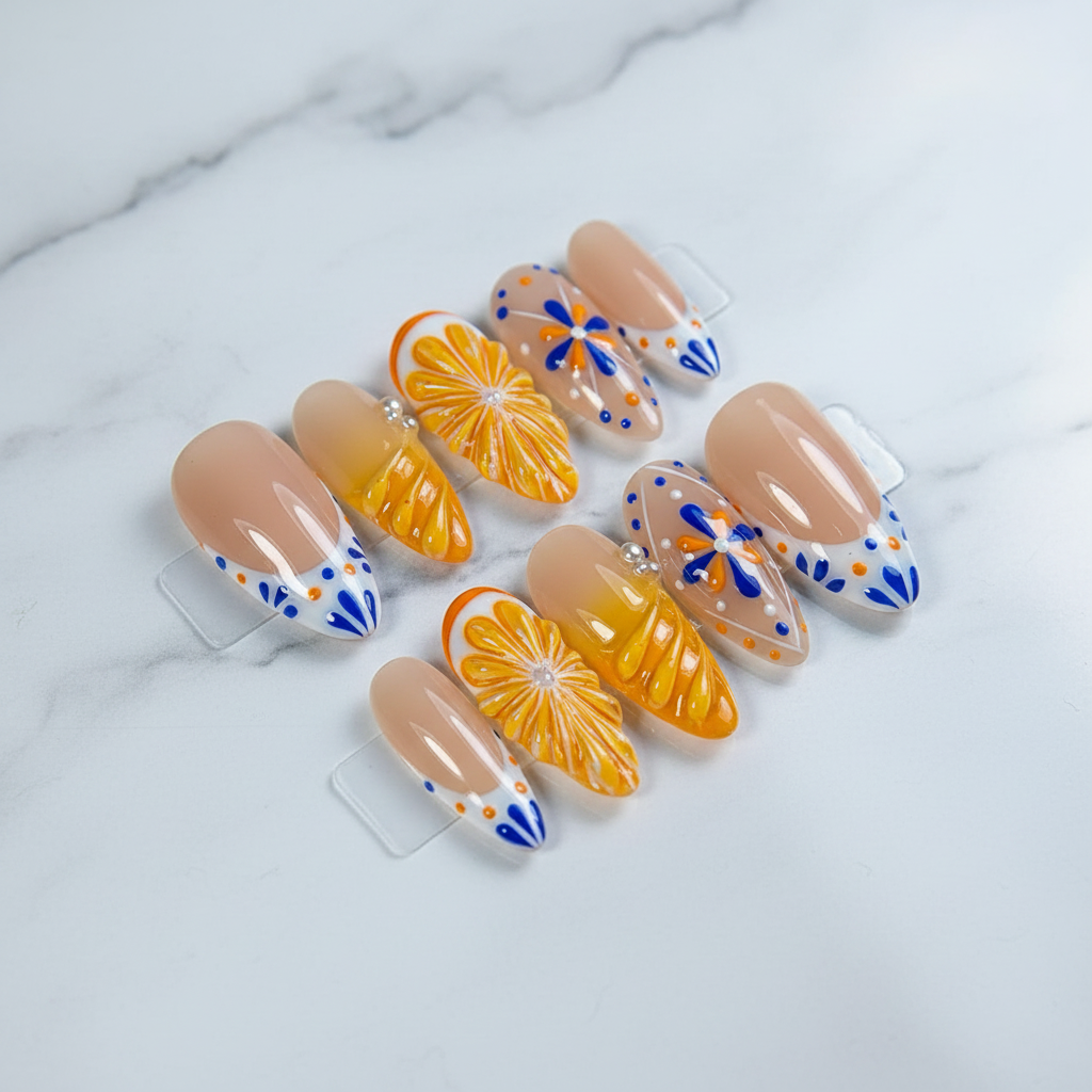 Full set 10 nude orange citrus cobalt blue folk art pearl custom press-on nails on marble — LuxepressCo