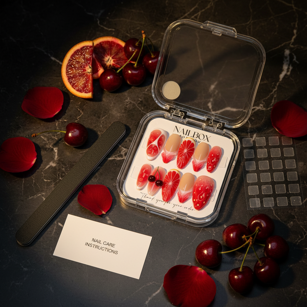 Luxury unboxing acrylic nail box dark cherry blood orange press-on nails with dark cherries blood orange rose petals moody props — LuxepressCo