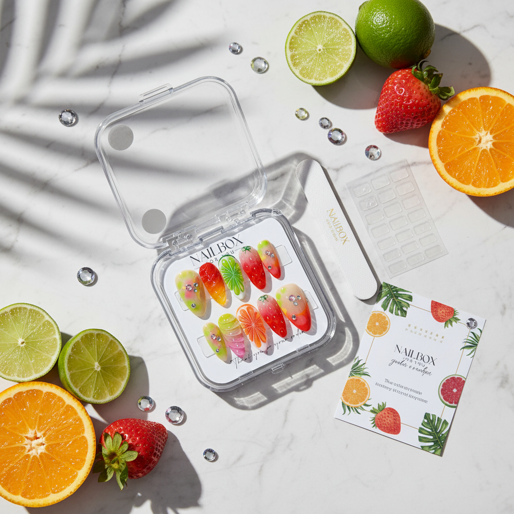 Luxury unboxing acrylic nail box tropical jelly press-on nails with lime strawberry orange crystal props — LuxepressCo