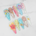Full set 10 pastel ocean jelly glass 3D hibiscus sea turtle starfish stiletto custom press-on nails on marble — LuxepressCo