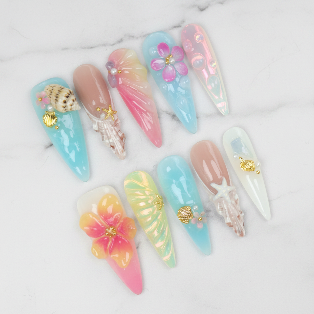 Full set 10 pastel ocean jelly glass 3D hibiscus sea turtle starfish stiletto custom press-on nails on marble — LuxepressCo
