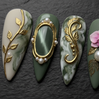 Gold cameo frame cat-eye baroque scroll pearl custom press-on nails sage green macro dramatic — LuxepressCo