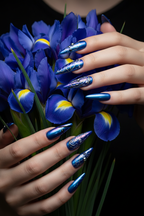 Light skin hands with royal blue chrome gothic wing sapphire stiletto reusable nails holding iris — LuxepressCo