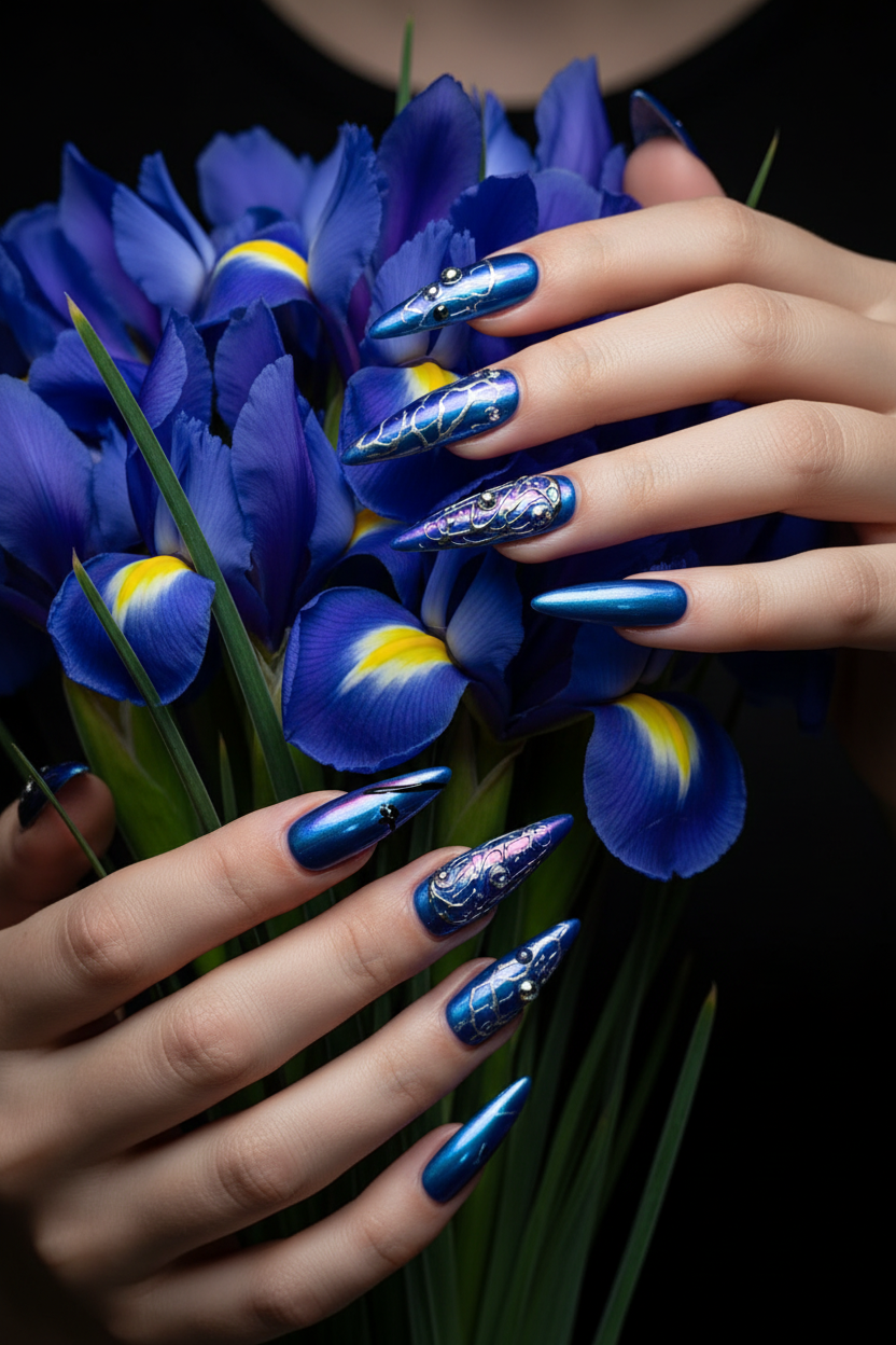 Light skin hands with royal blue chrome gothic wing sapphire stiletto reusable nails holding iris — LuxepressCo