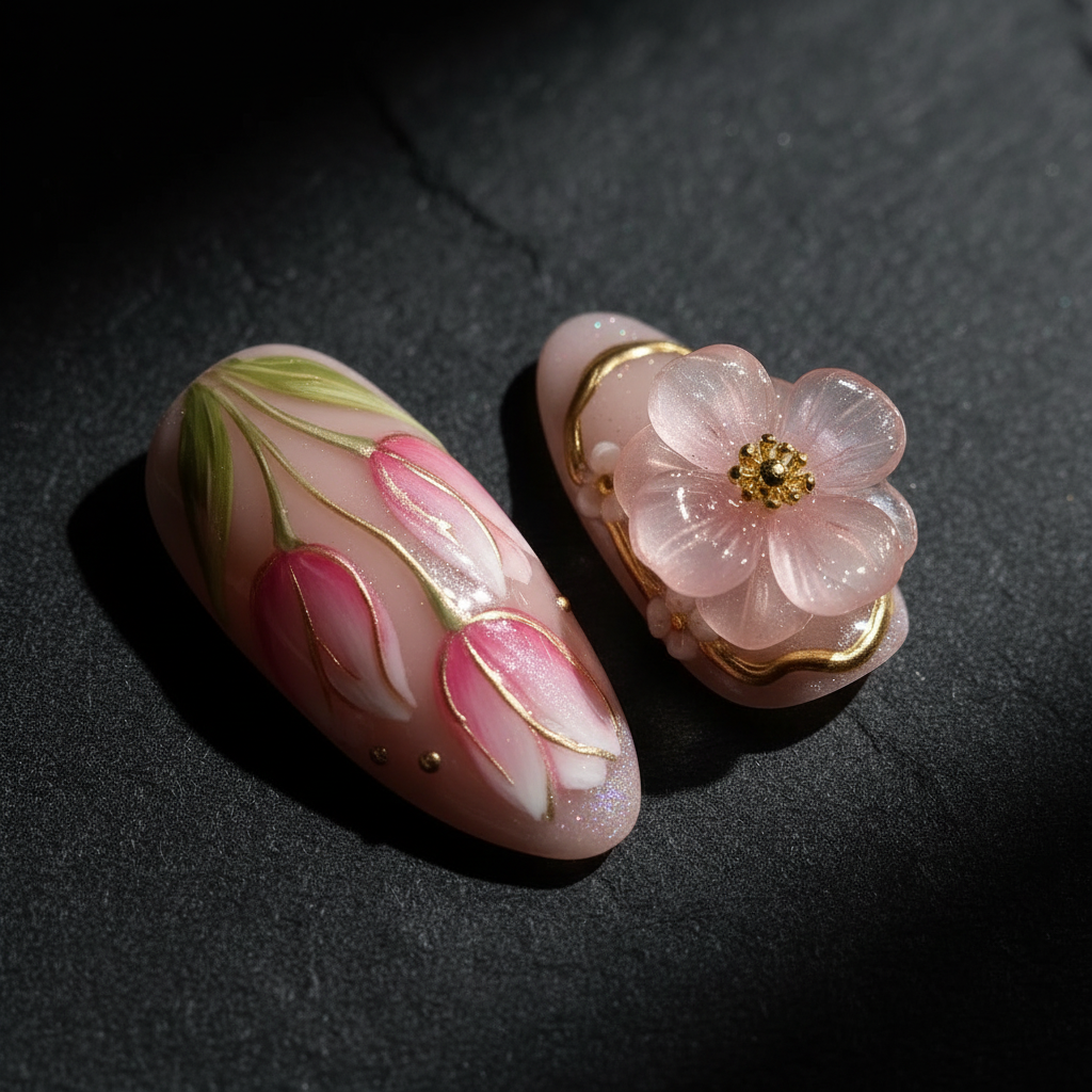 Pink blossom 3D translucent flower charm macro close-up dramatic dark background custom press-on nails — LuxepressCo
