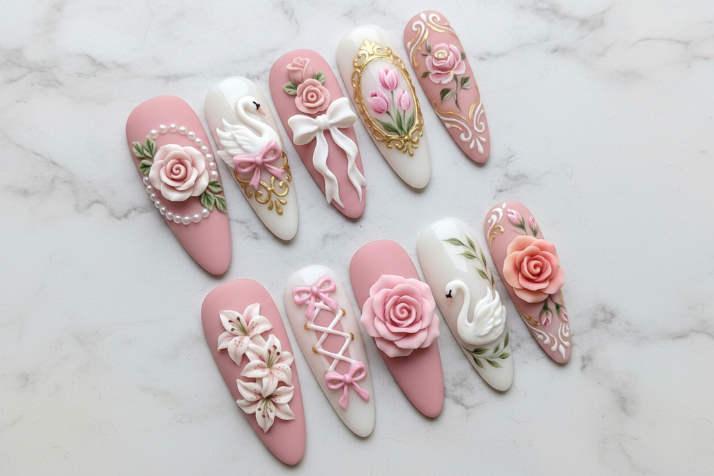 Hero studio shot full set 10 luxury pink 3D rose swan baroque press-on nails white marble background custom press-on nails — LuxepressCo