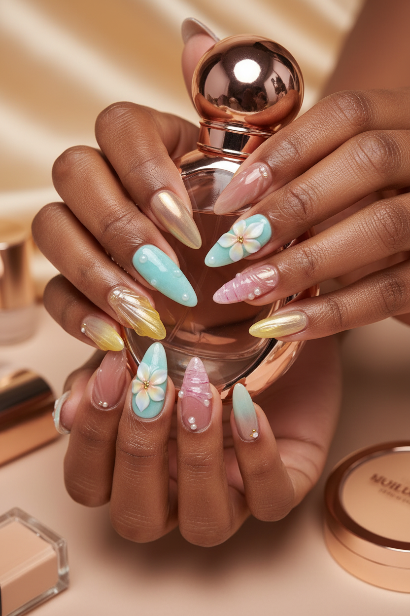 Dark-skin hands holding rose gold perfume wearing pastel watercolor chrome pearl reusable press-on nails — LuxepressCo
