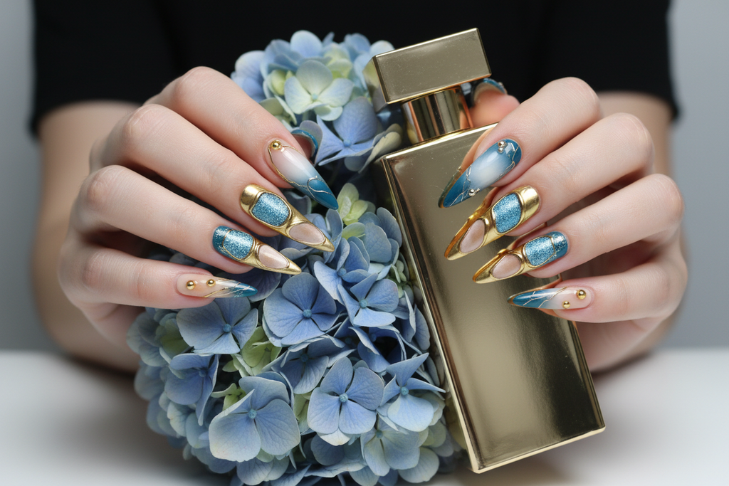 Lifestyle light skin hands wearing teal blue peach ombre galaxy custom press-on nails holding blue hydrangeas — LuxepressCo