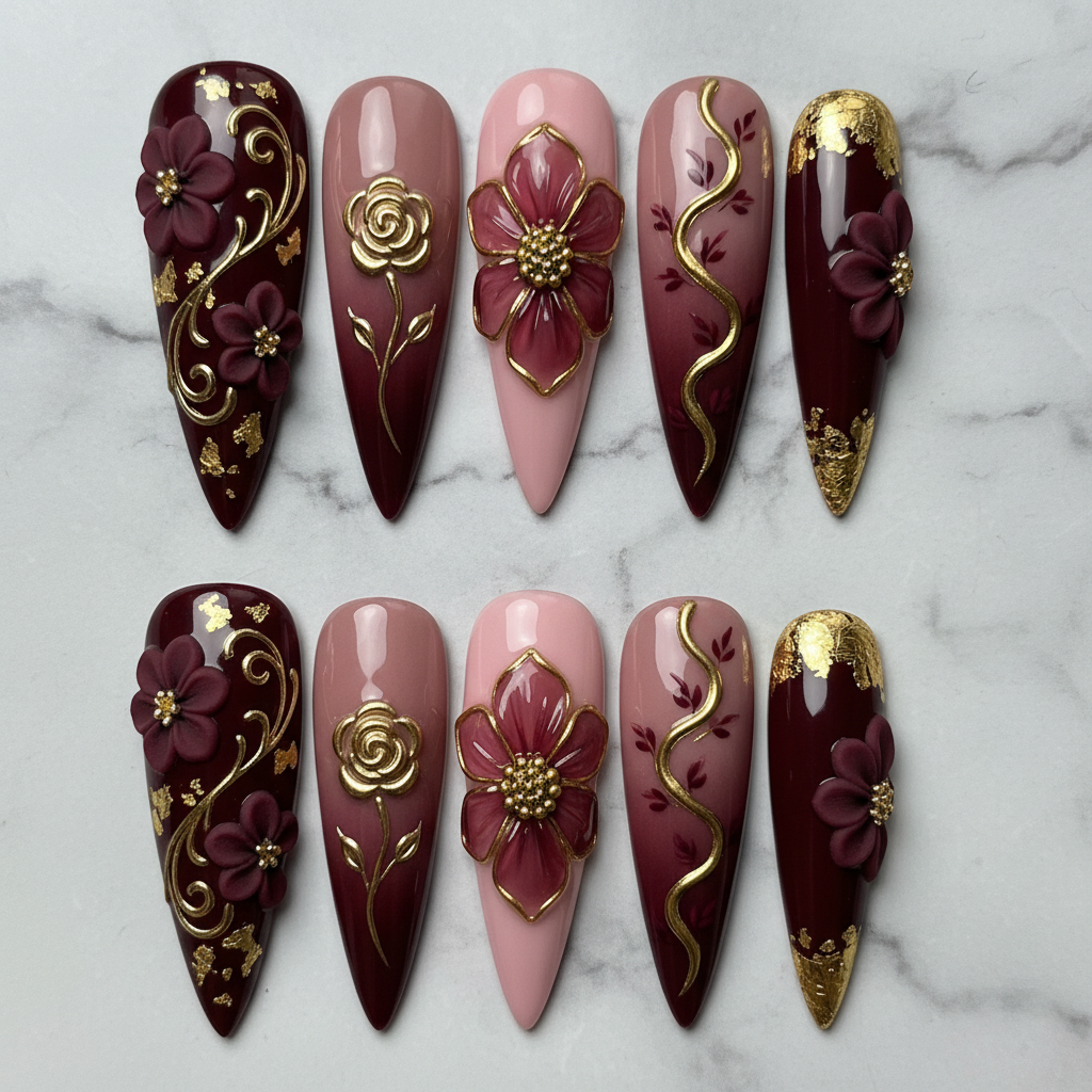 Full set 10 burgundy gold floral foil custom press-on nails on marble background — LuxepressCo