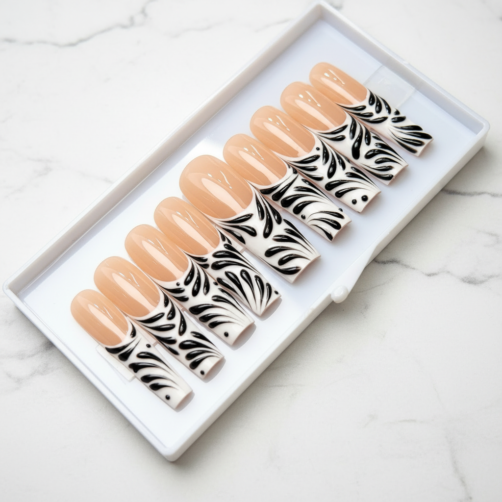 Nude peach black botanical swirl feather art custom press-on nails long square full set on marble — LuxepressCo