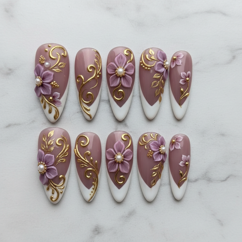 Flat lay top-down full set 10 baroque floral custom press-on nails purple gold pearl white marble — LuxepressCo