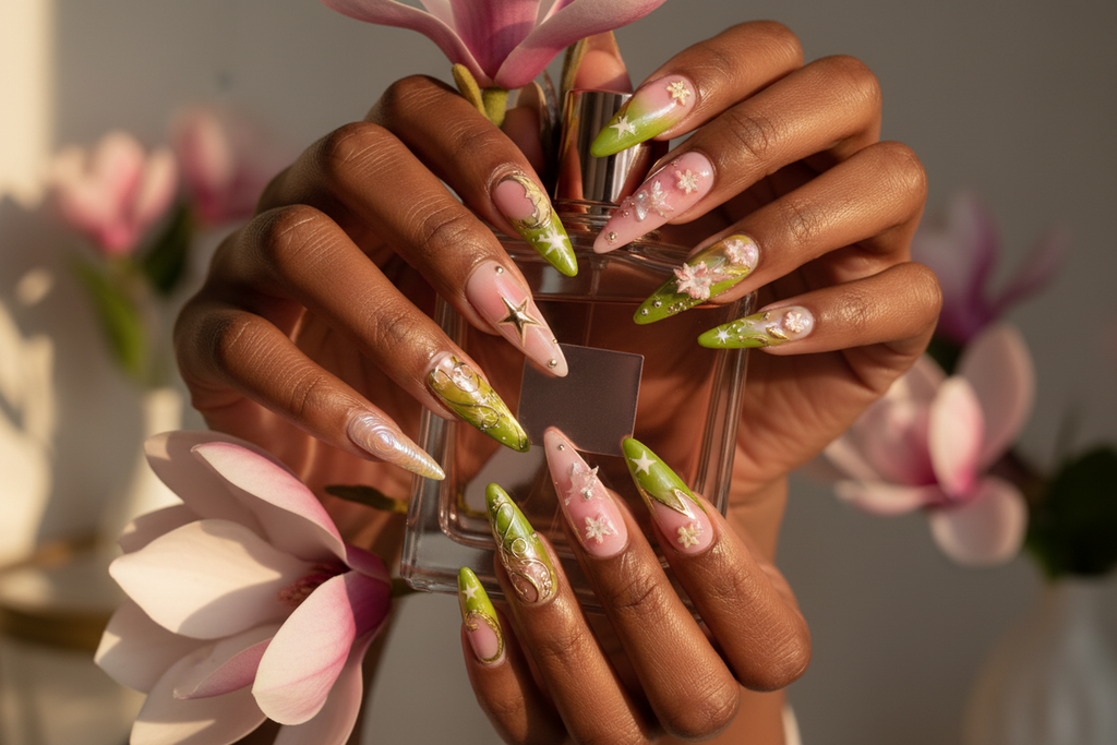Lifestyle dark skin hands wearing gold butterfly garden custom press-on nails holding pink magnolia — LuxepressCo