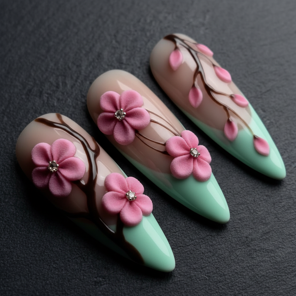 Close-up macro 3D pink cherry blossom rhinestone center mint green ombre custom press-on nails dramatic — LuxepressCo
