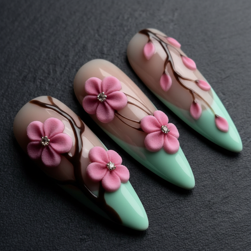 Close-up macro 3D pink cherry blossom rhinestone center mint green ombre custom press-on nails dramatic — LuxepressCo