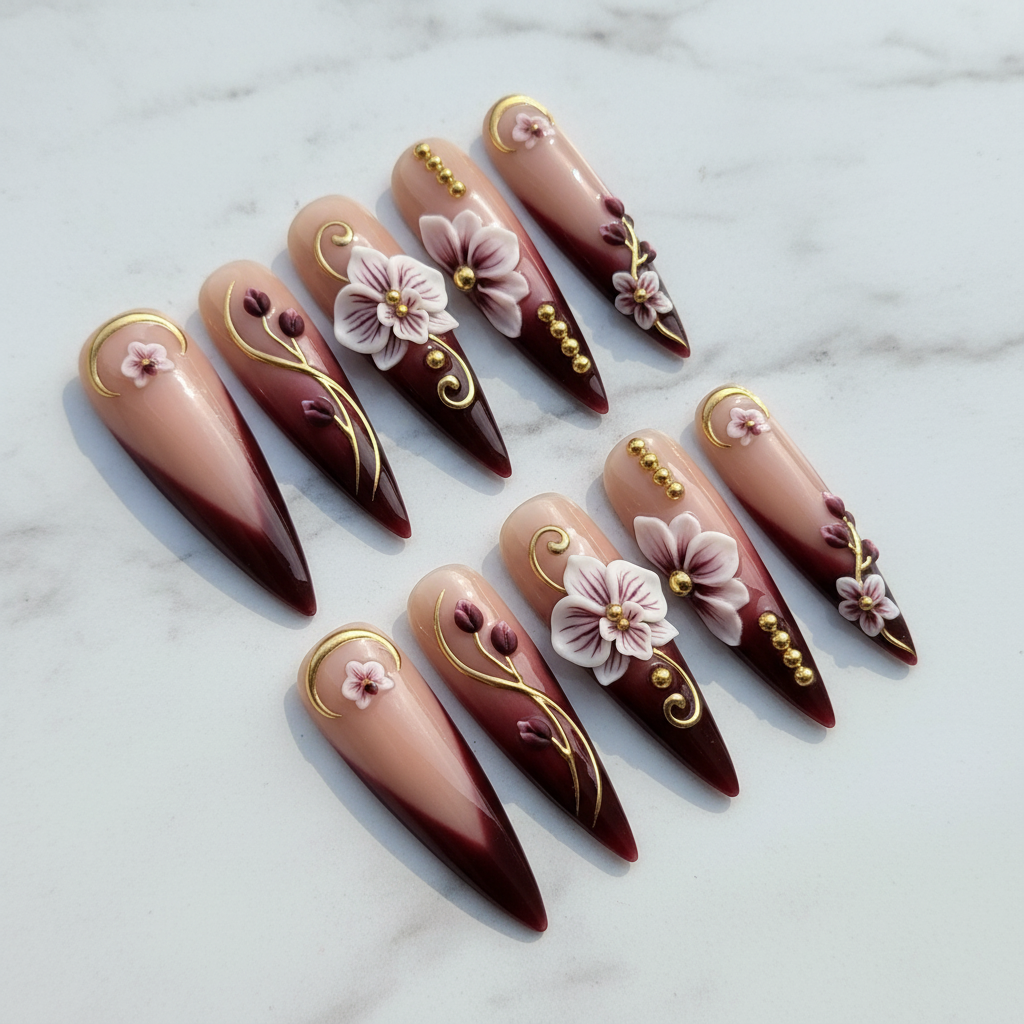 Hero studio shot full set 10 burgundy ombre 3D orchid stiletto custom press-on nails white marble — LuxepressCo