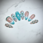 Full set 10 teal aqua 3D floral rhinestone French tip custom press-on nails on marble — LuxepressCo