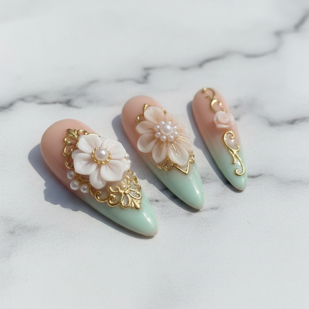 Macro gold filigree vine swirl 3D rosebud pearl dots almond reusable nails marble background — LuxepressCo