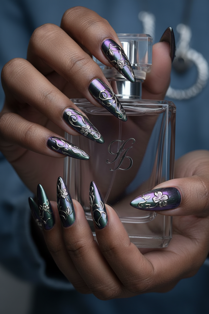 Dark skin hands with iridescent purple green chrome salon-quality press-on nails holding perfume — LuxepressCo