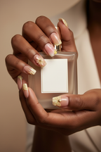 Jelly nude blush pink 3D flower custom press-on nails lifestyle dark skin holding perfume — LuxepressCo