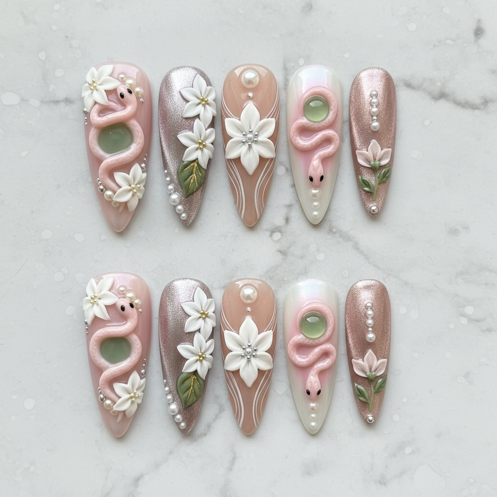 Flat lay top-down full set 10 blush pink snake jade gem floral custom press-on nails — LuxepressCo