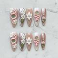 Flat lay top-down full set 10 blush pink snake jade gem floral custom press-on nails — LuxepressCo
