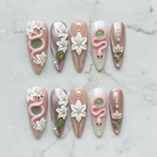 Flat lay top-down full set 10 blush pink snake jade gem floral custom press-on nails — LuxepressCo