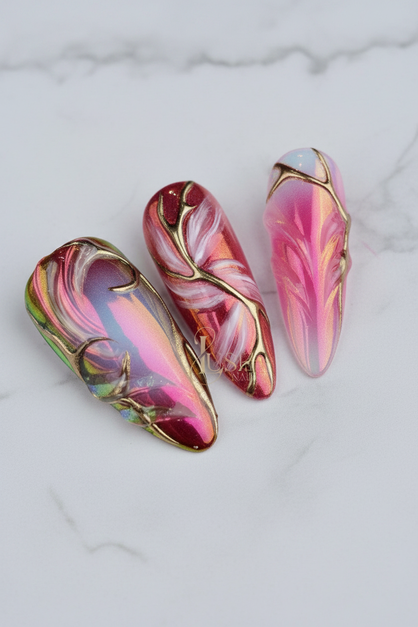 Close-up pink gold aurora chrome stiletto press-on nails texture detail marble background — LuxepressCo