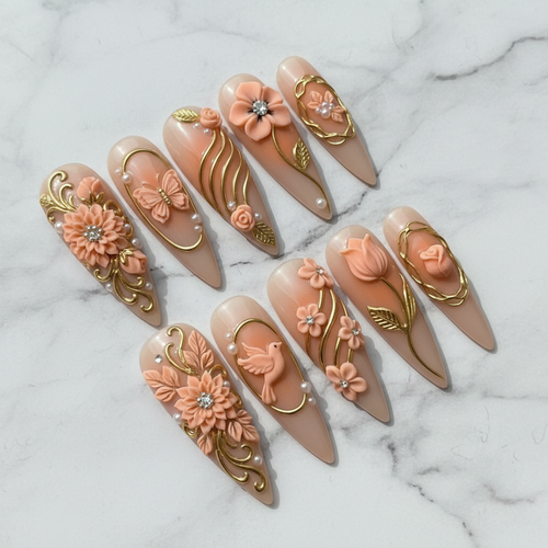 Hero shot full set 10 stiletto 3D floral peach gold press-on nails white marble background custom press-on nails — LuxepressCo