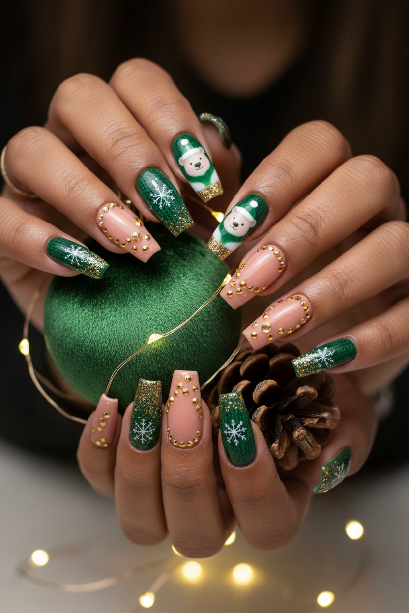 Dark-skin lifestyle Christmas bear green knit gold glitter custom press-on nails holding green ornament — LuxepressCo
