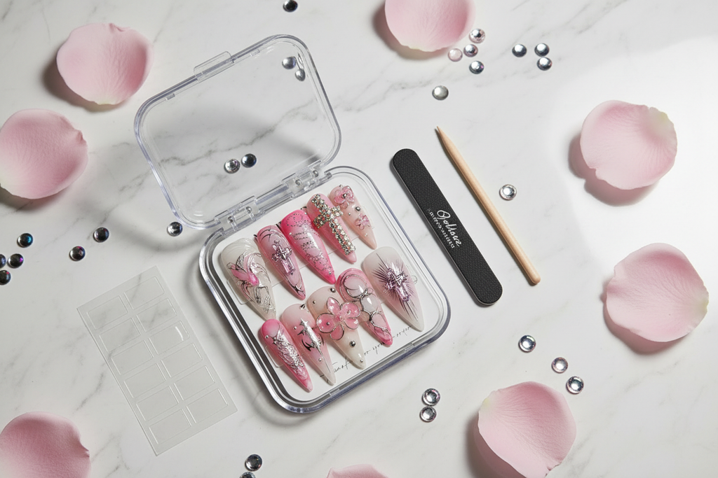 Luxury unboxing acrylic box pink cross fairy gothic rhinestone custom press-on nails packaging — LuxepressCo