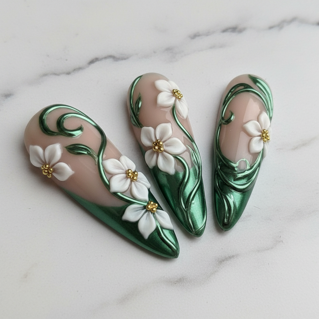 Macro close-up deep emerald green chrome 3D white jasmine gold accent reusable salon-quality nails marble — LuxepressCo