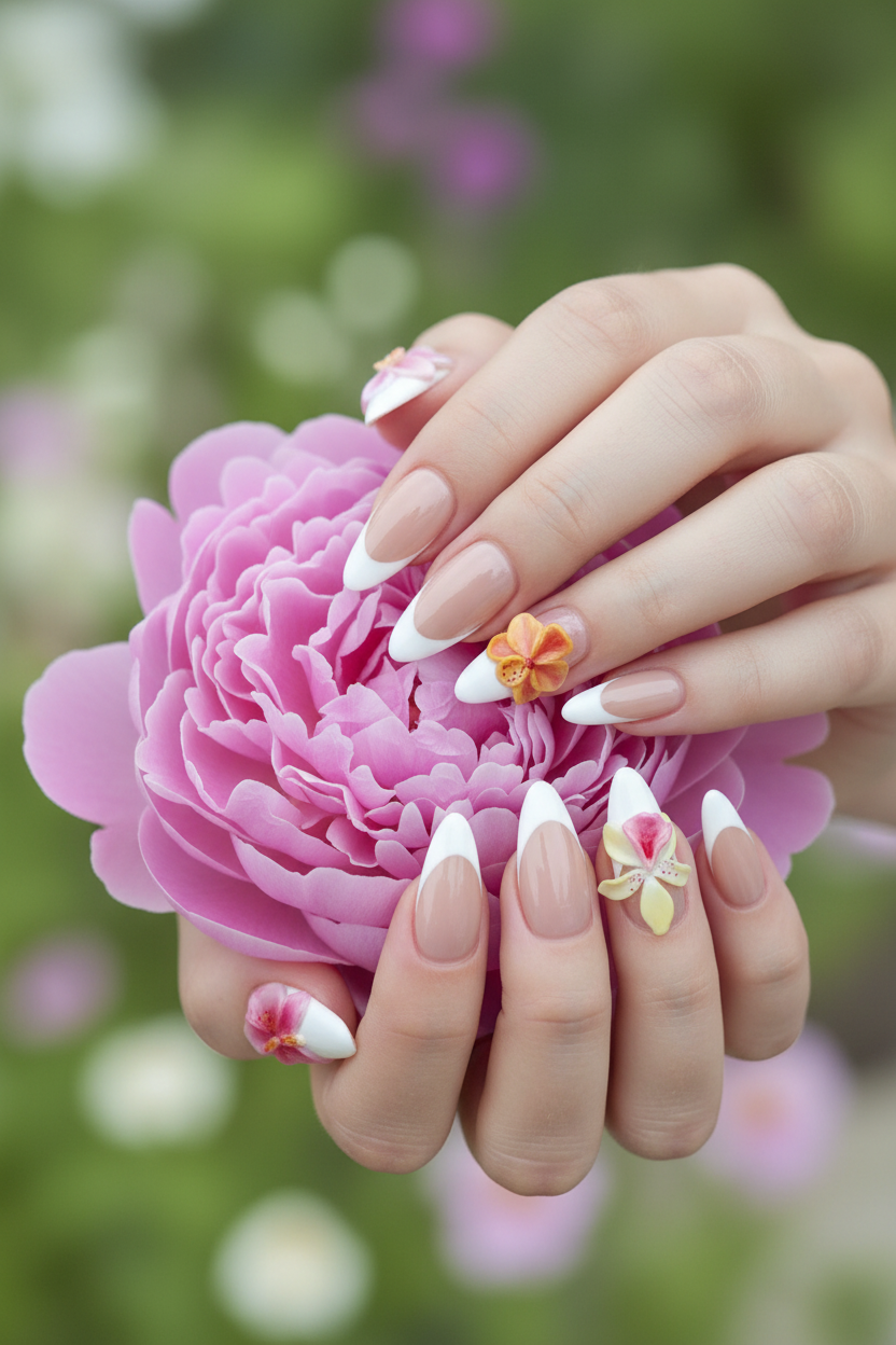 Light-skin hands holding pink peony wearing nude blush 3D orchid floral custom press-on nails — LuxepressCo