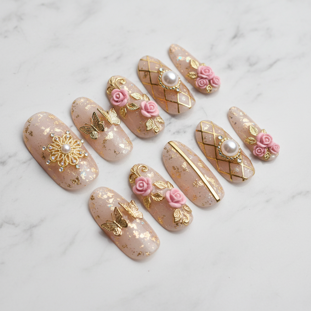 Hero studio shot full set 10 rose garden baroque custom press-on nails nude blush gold marble white background — LuxepressCo