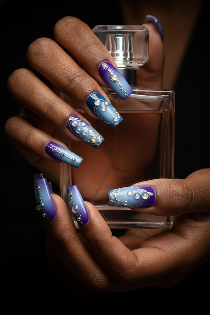Dark-skin lifestyle blue purple ombre aurora gems custom press-on nails holding crystal perfume — LuxepressCo